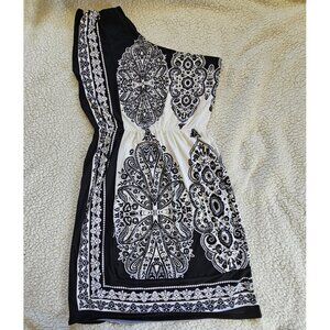 NY Company Women's Black White Paisley Bohemian Mini One Shoulder BOHO Medium M